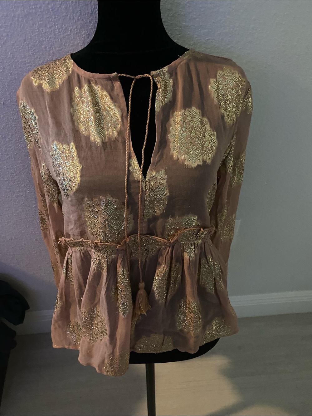 Anthropologie Silk Pink Tunic with Gold Foil Medallions